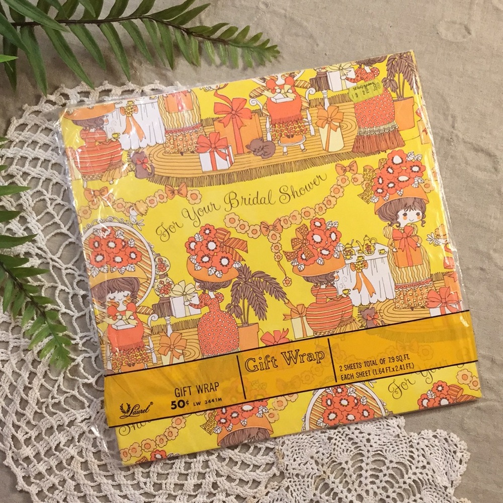 Vintage 1970s Bridal Shower Gift Wrap Paper Tea Party Kitties